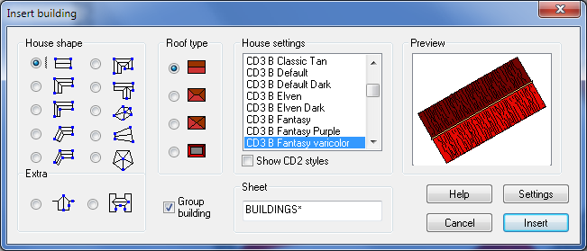 Our options for the CC3 Insert Building tool