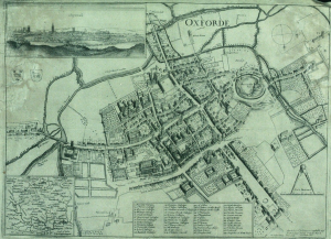 Historic map of Oxford in 1643 showing buildings near city gates